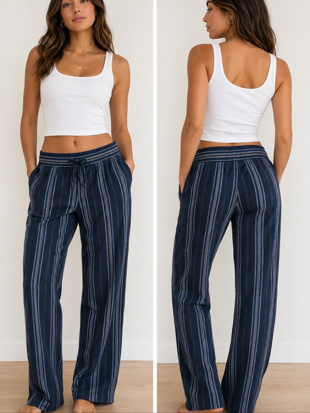 Ann Taylor Factory Navy Stripe Linen Blend Drawstring Coastal Pants Size S